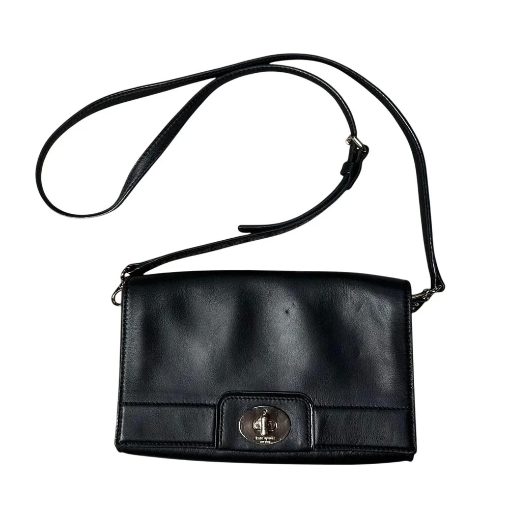 Kate Spade Black Leather‎ Crossbody Purse Classic Preppy Minimalist Old Money